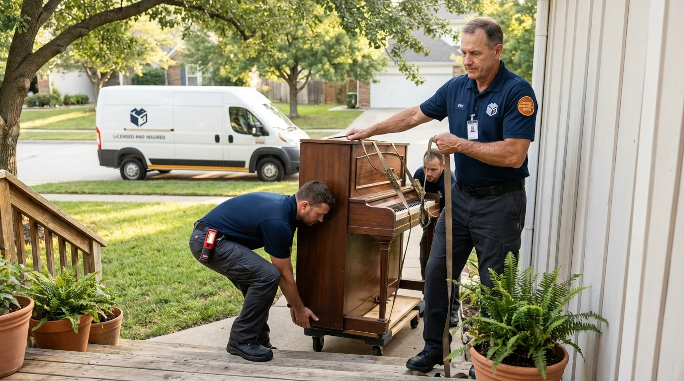 Licensed piano movers securing grand piano in Haysville, KS