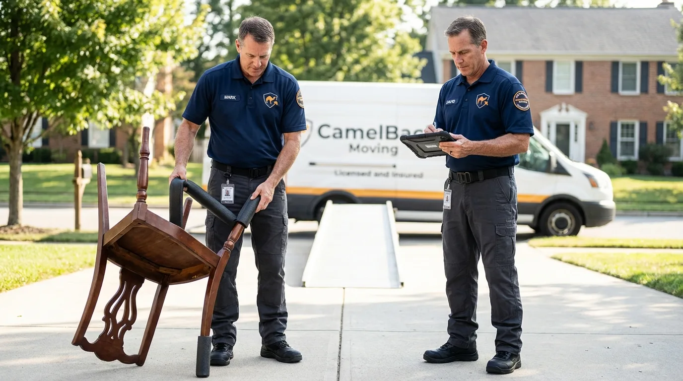 Movers inspecting furniture for damage prevention before loading in Haysville, KS