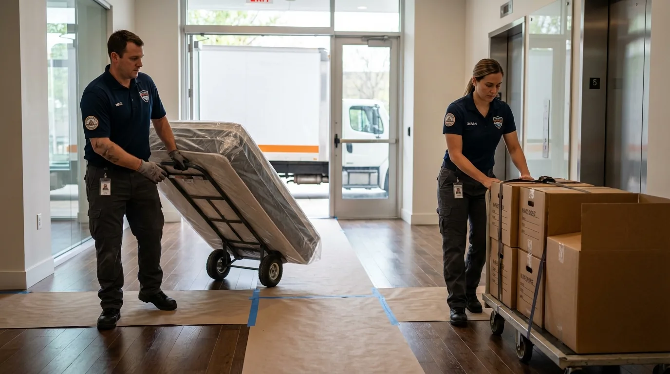 Professional apartment movers loading elevator in Haysville, KS