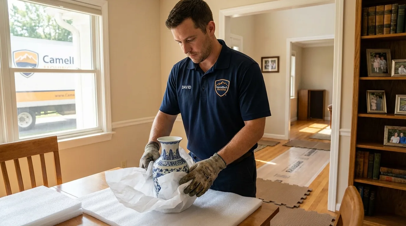 Professional crew carefully wrapping antique vase for senior downsizing move in Haysville, KS